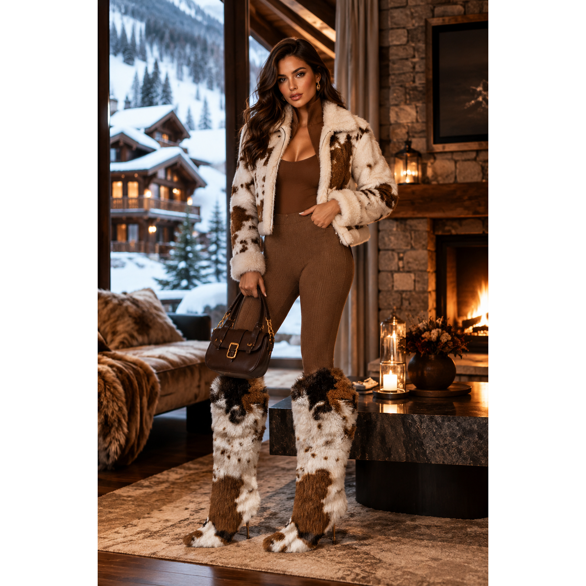 Ava Faux Fur Cow Print Boot