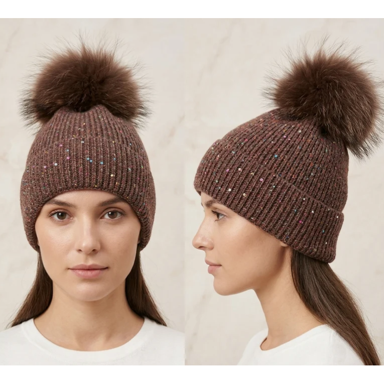 Winter Sequin Pom Pom Beanie